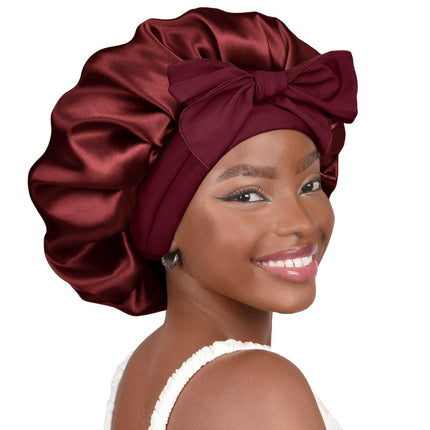 Wine red Luxury Double Layer Satin Bonnet with Bow Tie - Large Hair Protection Sleep Cap for All Hair Types.
