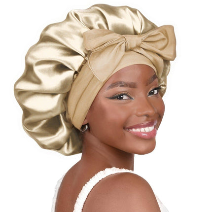 Khaki Luxury Double Layer Satin Bonnet with Bow Tie - Large Hair Protection Sleep Cap for All Hair Types.
