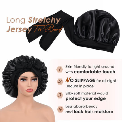 Khaki Luxury Double Layer Satin Bonnet with Bow Tie - Large Hair Protection Sleep Cap for All Hair Types.
