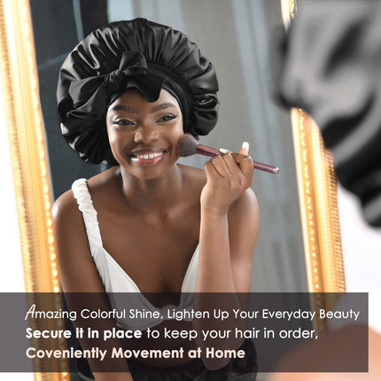 Khaki Luxury Double Layer Satin Bonnet with Bow Tie - Large Hair Protection Sleep Cap for All Hair Types.