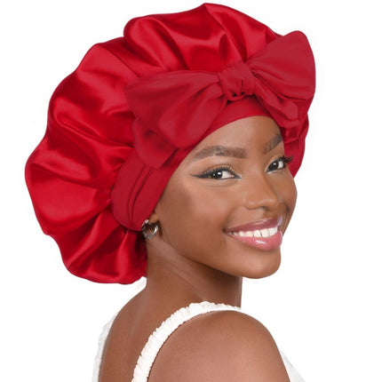 Red Luxury Double Layer Satin Bonnet with Bow Tie - Large Hair Protection Sleep Cap for All Hair Types.