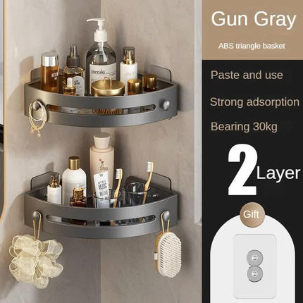 Two layers of gun gray Premium No-Drill Corner Shower Caddy - Thickened ABS Bathroom Storage Shelf with Hooks, Quick Wall Mount Organiser.