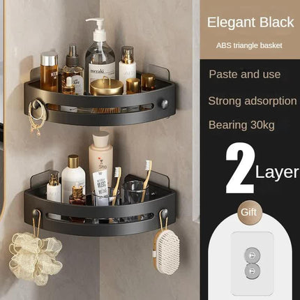 Two layers of elegant black Premium No-Drill Corner Shower Caddy - Thickened ABS Bathroom Storage Shelf with Hooks, Quick Wall Mount Organiser.