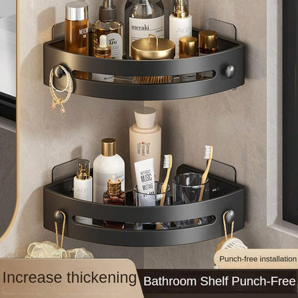 Three layers of elegant black Premium No-Drill Corner Shower Caddy - Thickened ABS Bathroom Storage Shelf with Hooks, Quick Wall Mount Organiser.