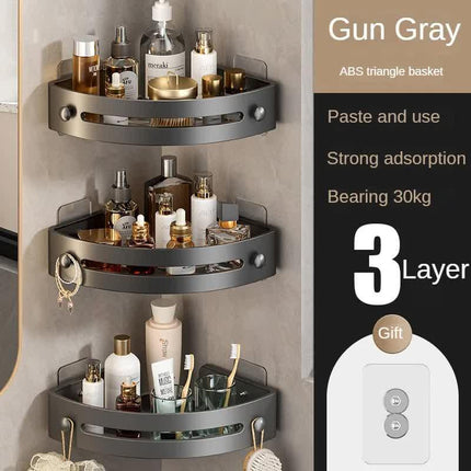 Three layers of gun gray Premium No-Drill Corner Shower Caddy - Thickened ABS Bathroom Storage Shelf with Hooks, Quick Wall Mount Organiser.
