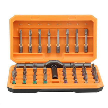A 42-piece set Orange Insulated Screwdriver Set - Multi-Bit Electrician's Tool Kit with Magnetic Tips & Quick-Change Handle.