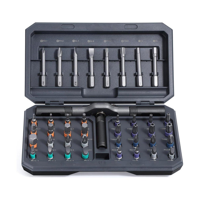 A 42-piece set Black Insulated Screwdriver Set - Multi-Bit Electrician's Tool Kit with Magnetic Tips & Quick-Change Handle.