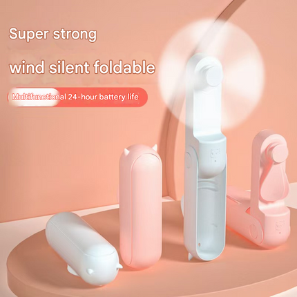 Pink 2-in-1 Foldable Mini Fan & Power Bank - Ultra-Compact USB Rechargeable Personal Fan.