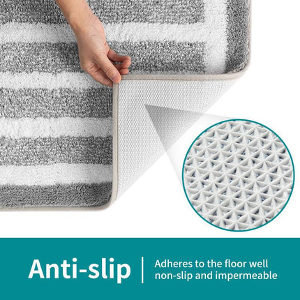 Grey Plush Striped Bath Mat - Ultra Soft, Absorbent & Non-Slip Bathroom Rug for Shower and Tub.