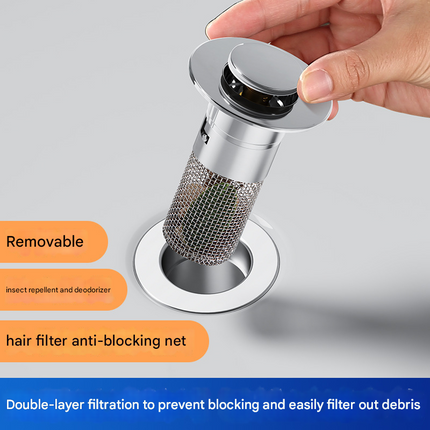 5 PCS Universal Pop-Up Sink Drain Stopper with Anti-Clog Filter Basket - Stainless Steel Hair Catcher & Anti-Odor Plug.