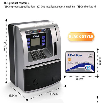 Black Digital ATM Savings Bank for Kids - Electronic Piggy Bank with PIN & Card for Real Money.