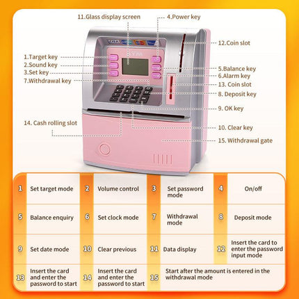 Pink Digital ATM Savings Bank for Kids - Electronic Piggy Bank with PIN & Card for Real Money.