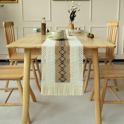 2-PCS Rhombus Bohemian Woven Table Runner with Tassels - Rustic Farmhouse Decor for Dining & Coffee Tables.