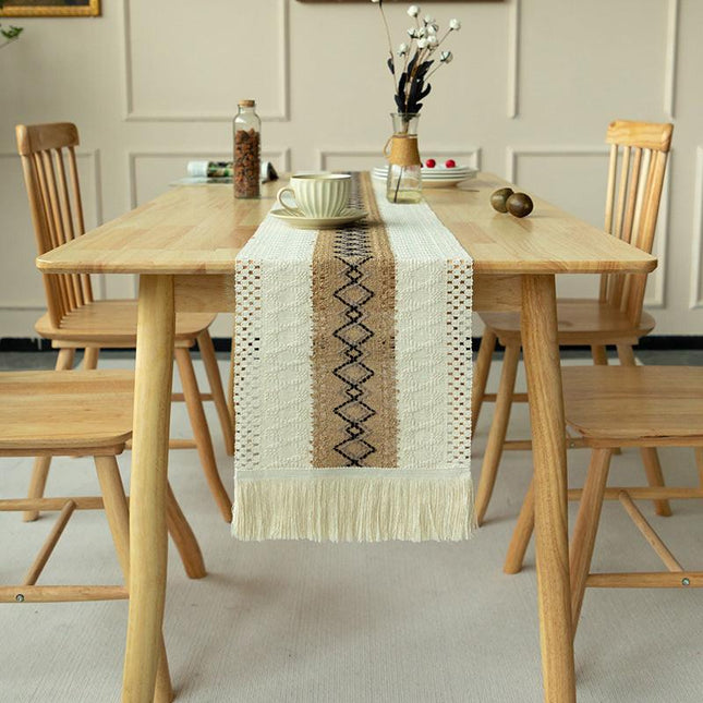 2-PCS Rhombus Bohemian Woven Table Runner with Tassels - Rustic Farmhouse Decor for Dining & Coffee Tables.