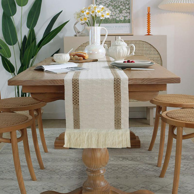 2-PCS Double bars Bohemian Woven Table Runner with Tassels - Rustic Farmhouse Decor for Dining & Coffee Tables.