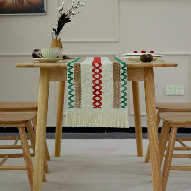 2-PCS Christmas Edition Bohemian Woven Table Runner with Tassels - Rustic Farmhouse Decor for Dining & Coffee Tables.