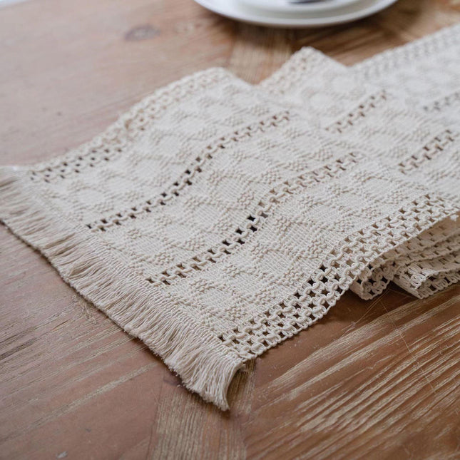 2-PCS White Bohemian Woven Table Runner with Tassels - Rustic Farmhouse Decor for Dining & Coffee Tables.