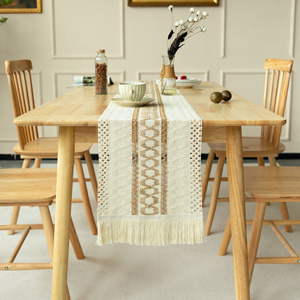 2-PCS Hexagon Bohemian Woven Table Runner with Tassels - Rustic Farmhouse Decor for Dining & Coffee Tables.