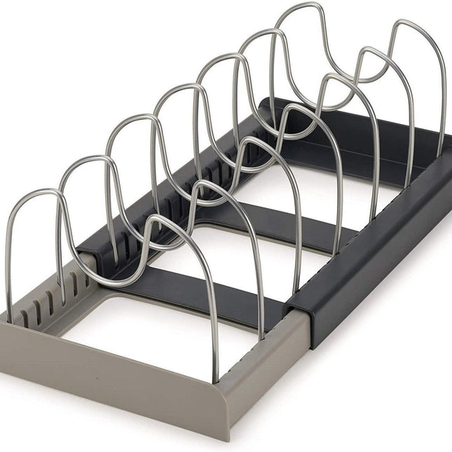 Grey Expandable Pan & Pot Lid Organizer Rack - Adjustable Kitchen Cabinet Storage Holder for Bakeware & Cutting Boards.