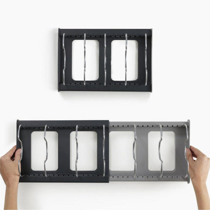 Grey Expandable Pan & Pot Lid Organizer Rack - Adjustable Kitchen Cabinet Storage Holder for Bakeware & Cutting Boards.