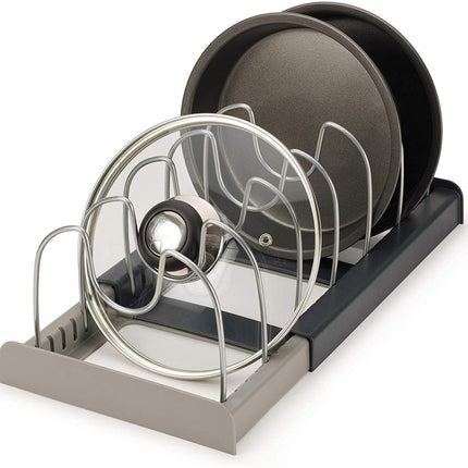 Grey Expandable Pan & Pot Lid Organizer Rack - Adjustable Kitchen Cabinet Storage Holder for Bakeware & Cutting Boards.