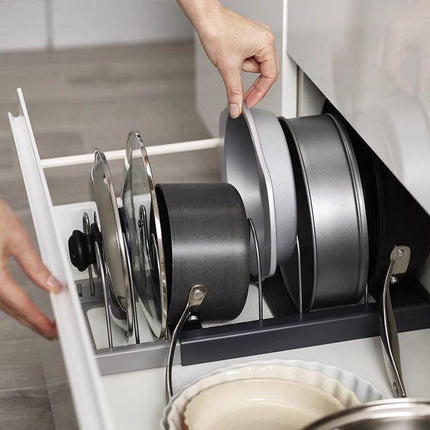 Grey Expandable Pan & Pot Lid Organizer Rack - Adjustable Kitchen Cabinet Storage Holder for Bakeware & Cutting Boards.
