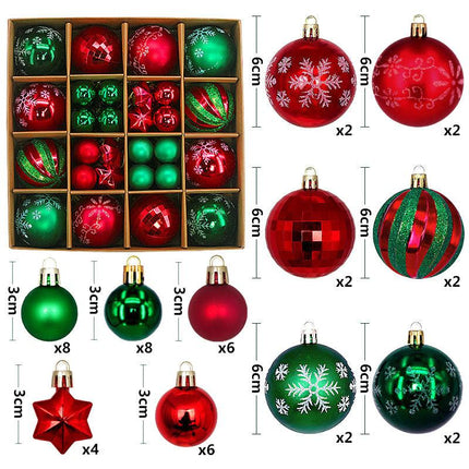 Green and red 44-Piece Assorted Christmas Baubles Set with Elegant Designs in Wooden Gift Box - 3-6cm Decorative Ornaments for Tree, Home & Holiday Display.