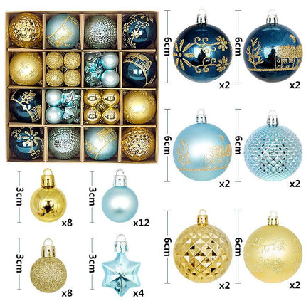 Blue and gold 44-Piece Assorted Christmas Baubles Set with Elegant Designs in Wooden Gift Box - 3-6cm Decorative Ornaments for Tree, Home & Holiday Display.