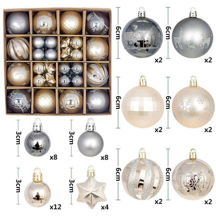 Grey and champagne gold 44-Piece Assorted Christmas Baubles Set with Elegant Designs in Wooden Gift Box - 3-6cm Decorative Ornaments for Tree, Home & Holiday Display.