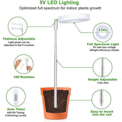 White Full Spectrum LED Grow Light with Telescopic Stake for Indoor Plants.