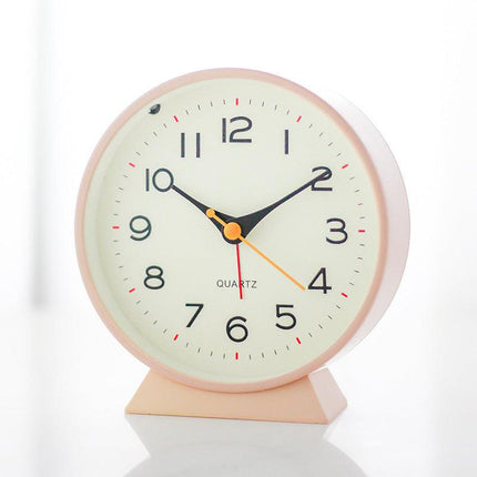 Pink Minimalist Silent Alarm Clock with Night Light - Non-Ticking Analogue Bedside & Desk Clock.