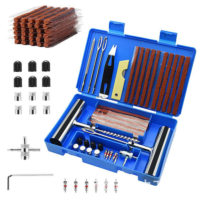 A 58-piece set Blue Heavy-Duty Tubeless Tyre Repair Kit - Emergency Puncture Plug Set for Cars, Motorcycles & ATVs.