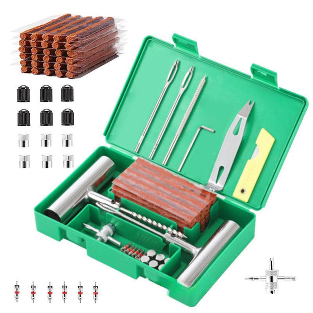 A 58-piece set Green Heavy-Duty Tubeless Tyre Repair Kit - Emergency Puncture Plug Set for Cars, Motorcycles & ATVs.