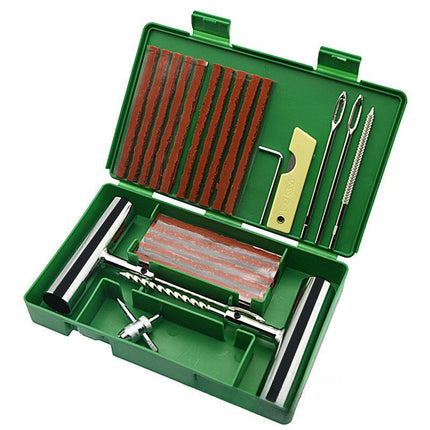 A 33-piece set Green Heavy-Duty Tubeless Tyre Repair Kit - Emergency Puncture Plug Set for Cars, Motorcycles & ATVs.