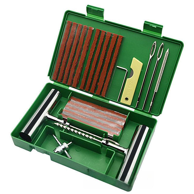 A 33-piece set Green Heavy-Duty Tubeless Tyre Repair Kit - Emergency Puncture Plug Set for Cars, Motorcycles & ATVs.