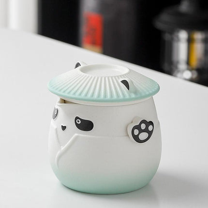 Adorable Panda Design Ceramic Tea Infuser Mug Set - 310ml Travel Crackle Glaze Cup with Lid & Strainer(green).