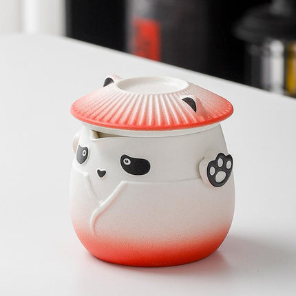 Adorable Panda Design Ceramic Tea Infuser Mug Set - 310ml Travel Crackle Glaze Cup with Lid & Strainer(red).