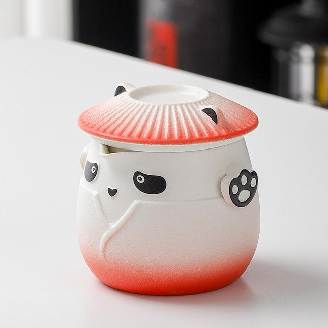 Adorable Panda Design Ceramic Tea Infuser Mug Set - 310ml Travel Crackle Glaze Cup with Lid & Strainer(red).