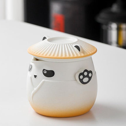 Adorable Panda Design Ceramic Tea Infuser Mug Set - 310ml Travel Crackle Glaze Cup with Lid & Strainer(orange).
