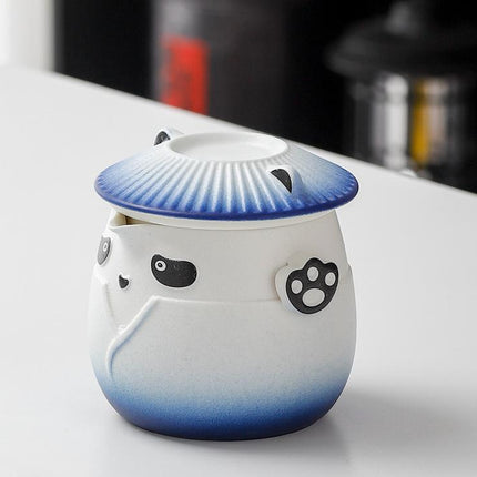 Adorable Panda Design Ceramic Tea Infuser Mug Set - 310ml Travel Crackle Glaze Cup with Lid & Strainer(blue).