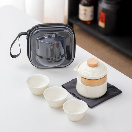 Portable Ceramic Travel Tea Set - One Pot Three Cups with Carrying Case, Elegant Frosted Finish(white).