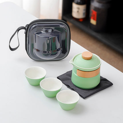 Portable Ceramic Travel Tea Set - One Pot Three Cups with Carrying Case, Elegant Frosted Finish(green).