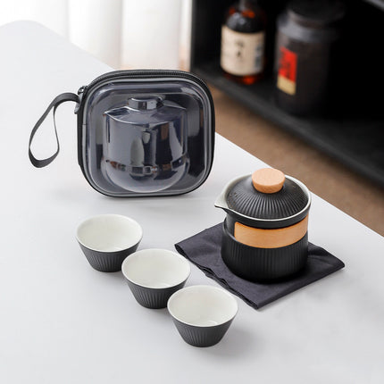 Portable Ceramic Travel Tea Set - One Pot Three Cups with Carrying Case, Elegant Frosted Finish(black).