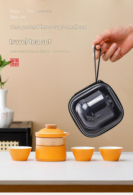 Portable Ceramic Travel Tea Set - One Pot Three Cups with Carrying Case, Elegant Frosted Finish(black).