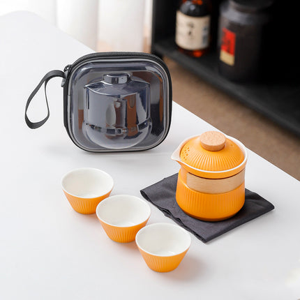 Portable Ceramic Travel Tea Set - One Pot Three Cups with Carrying Case, Elegant Frosted Finish(yellow).