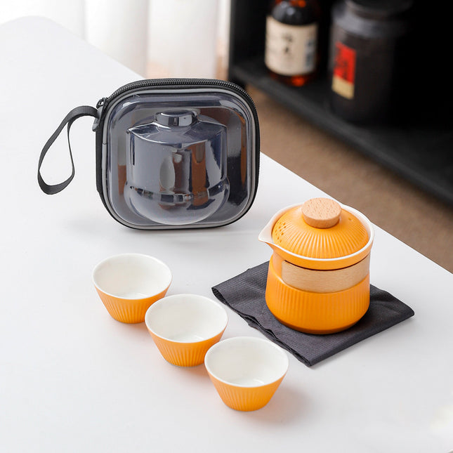 Portable Ceramic Travel Tea Set - One Pot Three Cups with Carrying Case, Elegant Frosted Finish(yellow).