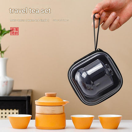 Portable Ceramic Travel Tea Set - One Pot Three Cups with Carrying Case, Elegant Frosted Finish(yellow).