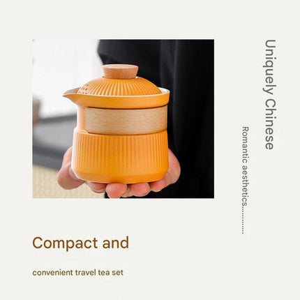 Portable Ceramic Travel Tea Set - One Pot Three Cups with Carrying Case, Elegant Frosted Finish(yellow).