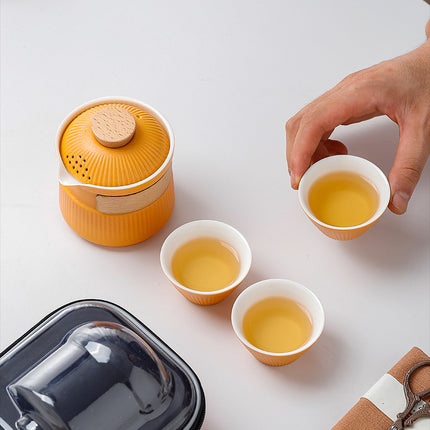 Portable Ceramic Travel Tea Set - One Pot Three Cups with Carrying Case, Elegant Frosted Finish(yellow).