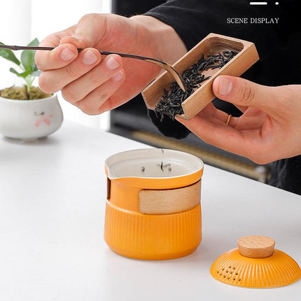 Portable Ceramic Travel Tea Set - One Pot Three Cups with Carrying Case, Elegant Frosted Finish(yellow).